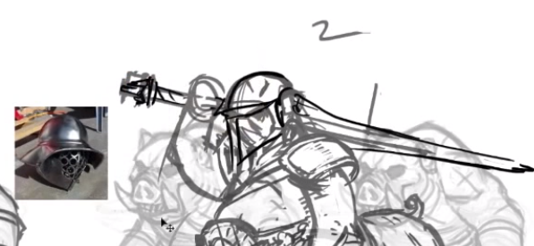 Swinetaur concept art 2, depicting a helmet and a different weapon.