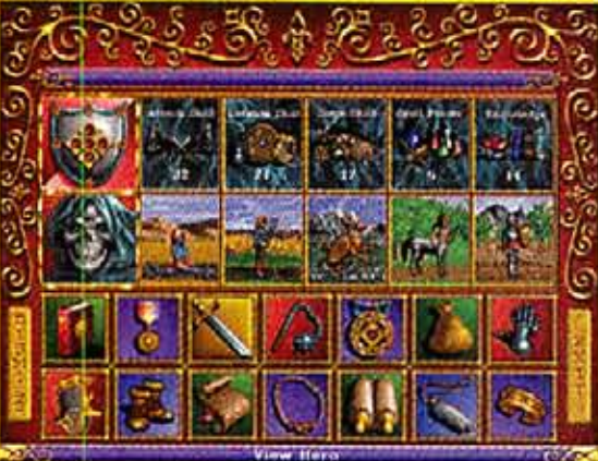 Another variant of main skills order. Untypical backgrounds of creatures icons: Genie on Barbarian's background, Centaur on Sorceress and Swordsman on neutral background. Screenshot from advertisement, for example can be found in CGW 133 aug 1995 p032. Another variant of main skills order. Untypical backgrounds of creatures icons: Genie on Barbarian's background, Centaur on Sorceress and Swordsman on neutral background. Screenshot from advertisement, for example can be found in CGW 133 aug 1995 p032.