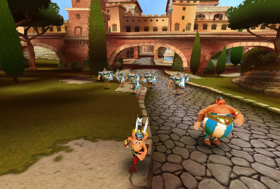An overview of the starting area of the level, with a batch of romans prepping to attack the player