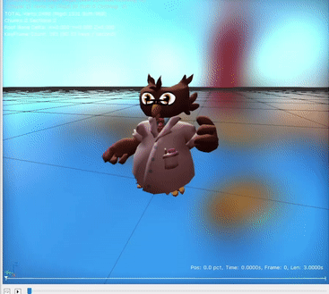 A talking animation for the Owl that plays the cello in the Express Band. In the final, the one holding the trumpet is one that talks to you. The Science Owl model here wasn't swapped out; it's the default model that appears when the Animset is opened.