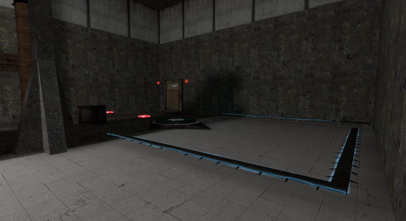 The cube and buttons with the door. You can also see some of the rails on the ground. The cube and buttons with the door. You can also see some of the rails on the ground.