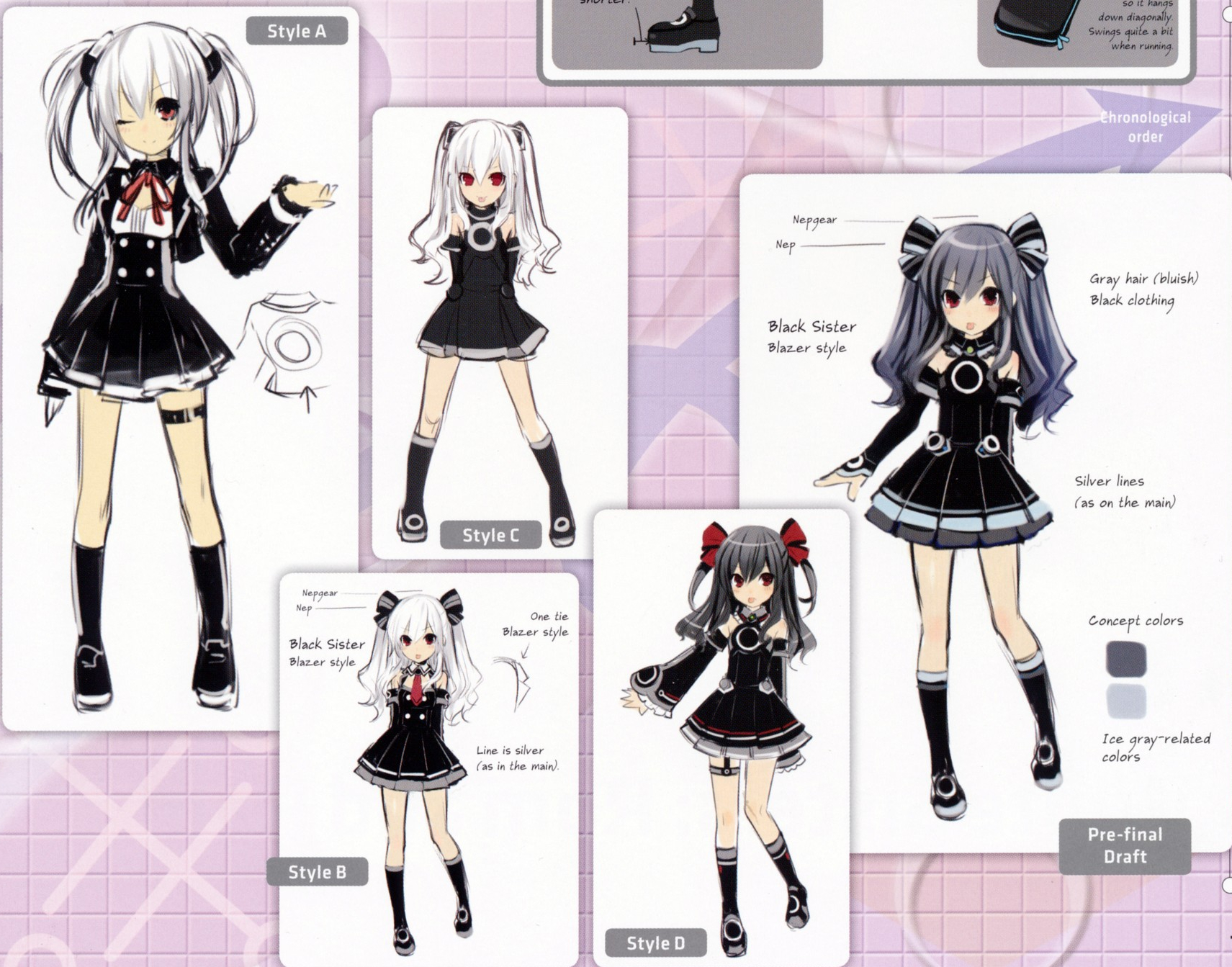 Her original hair color was white, she had two short pigtails, and her outfit was styled like a school girls uniform in addition to a shrug. Her later drafts were closer to her final design, but her outfit textures were different, she had red accents, and her gloves were supposed to be detached sleeves. Her original hair color was white, she had two short pigtails, and her outfit was styled like a school girls uniform in addition to a shrug. Her later drafts were closer to her final design, but her outfit textures were different, she had red accents, and her gloves were supposed to be detached sleeves.