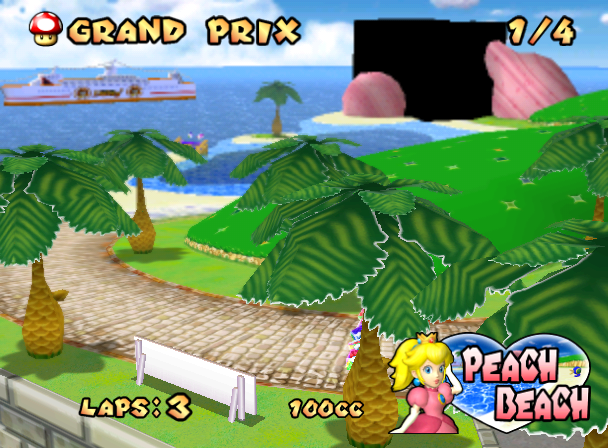 Peach Beach - A debug model is drawn under the pink arch. Conversely, since the Award Ceremony is a separate track, it does not have any models drawn. Peach Beach - A debug model is drawn under the pink arch. Conversely, since the Award Ceremony is a separate track, it does not have any models drawn.