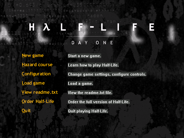 Several options omitted, Day One text below the Half-Life logo.