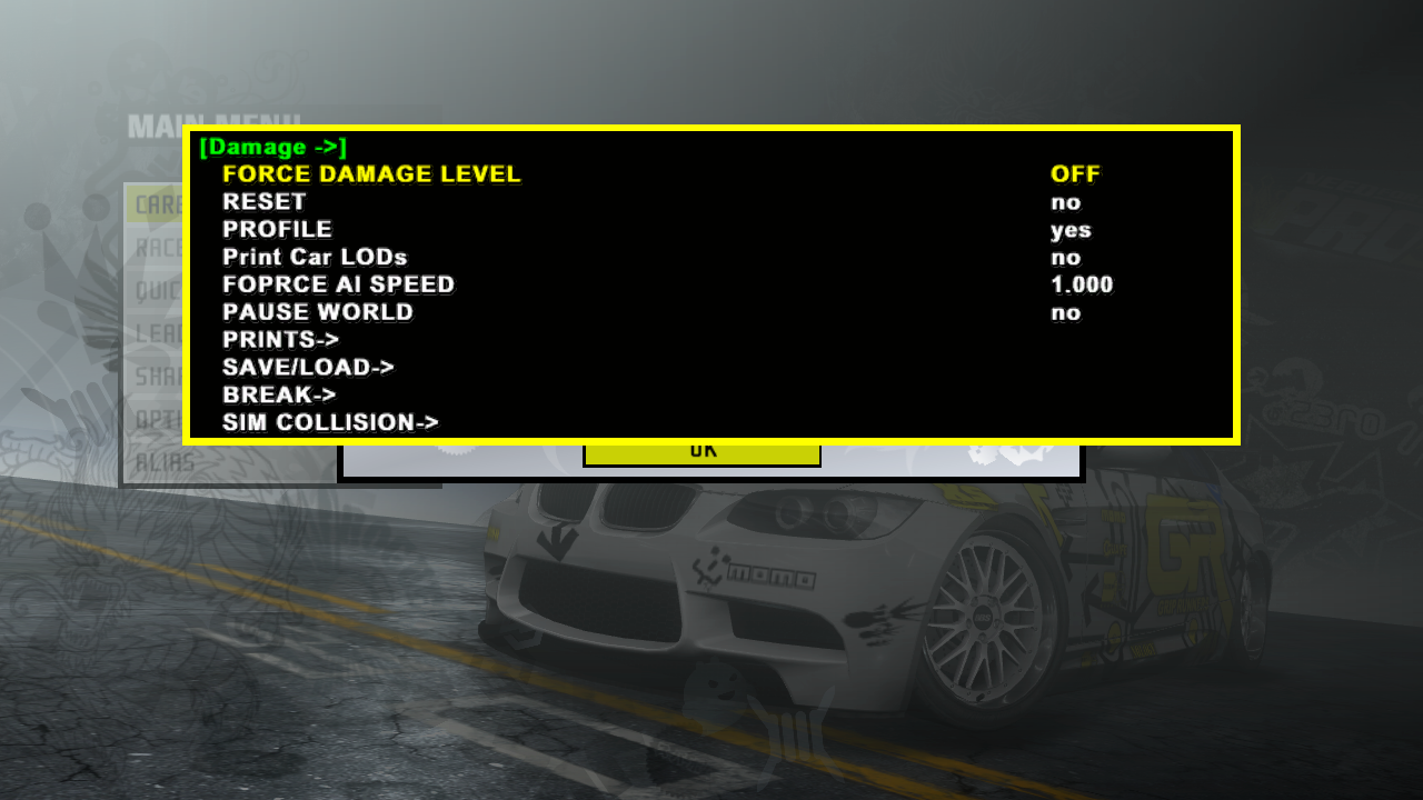 Damage menu on 10/14 Xbox 360 build.
