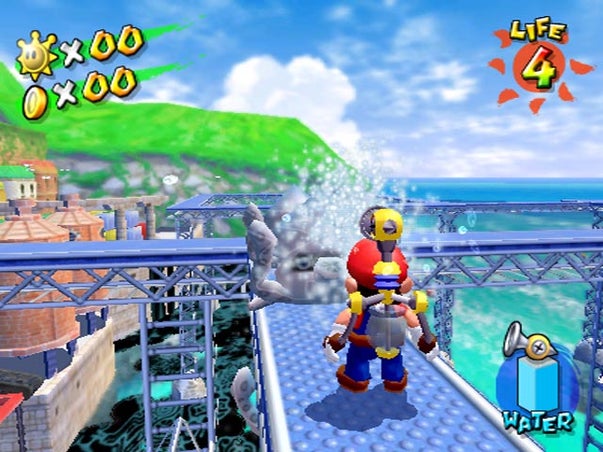 A light cloud layer can be seen in this screenshot that still exists in the final version of Ricco Harbor, yet appears invisible in-game. The blue beams are also traveling along a different path than final, and the goop texture is different than its final ink texture.