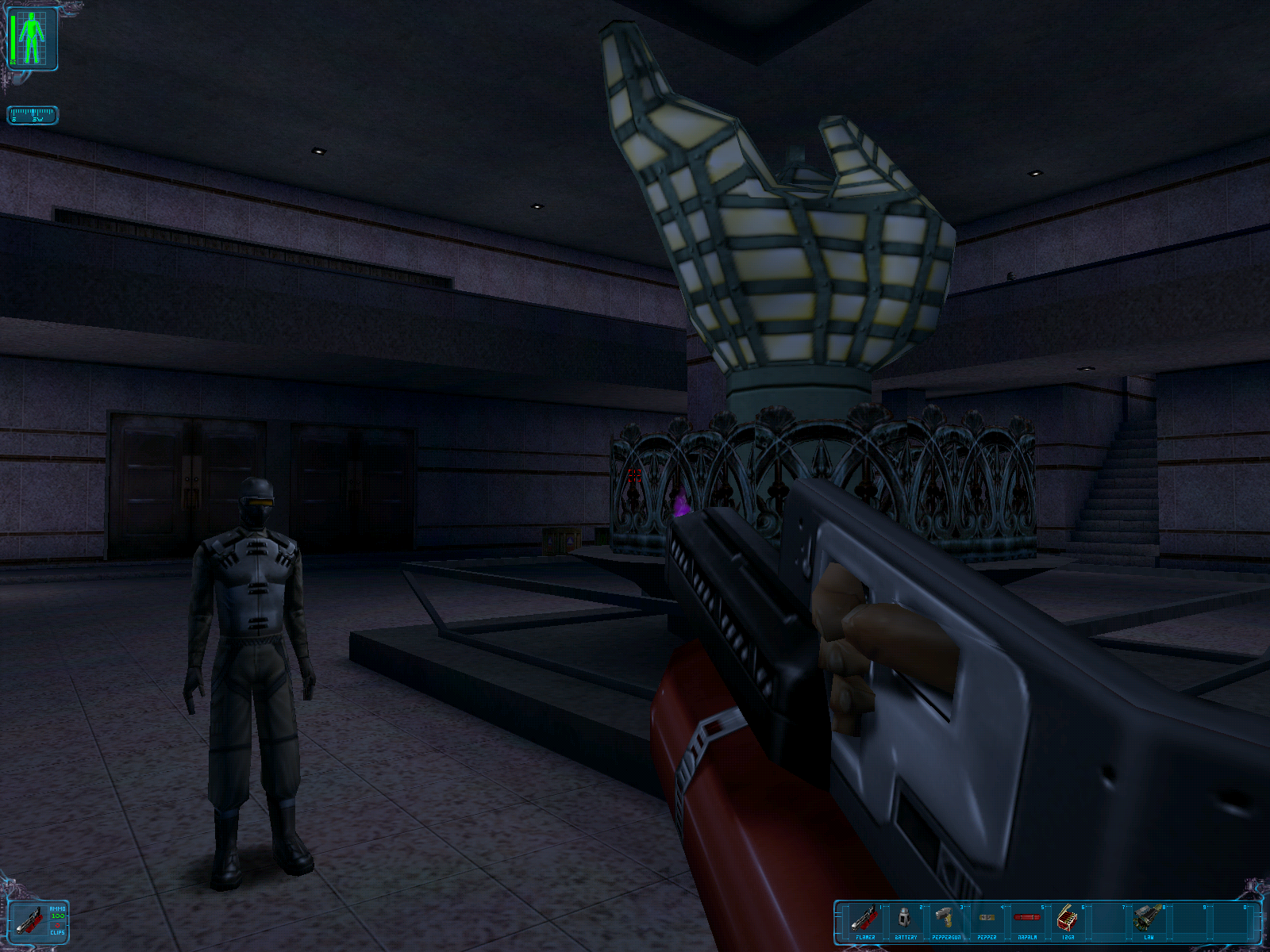 Liberty Island, with red napalm canister flamethrower.