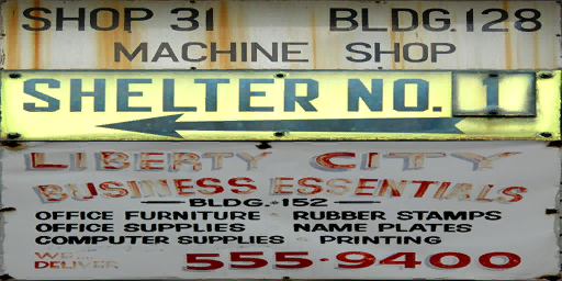 Unused "Machine Shop" and "Shelter No.1" signs in East Hook.