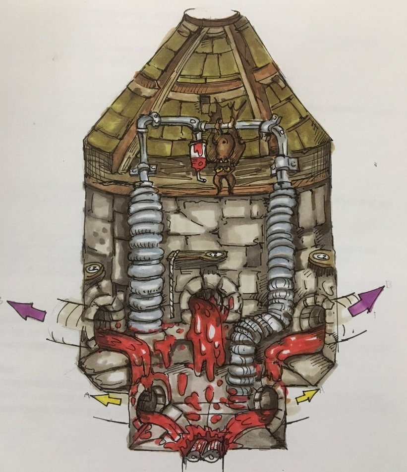 Concept for the grinder that Count Batula uses to rend blood from Villagers, originally devised to be outfitted in a tower, rather than a mansion. Concept for the grinder that Count Batula uses to rend blood from Villagers, originally devised to be outfitted in a tower, rather than a mansion.