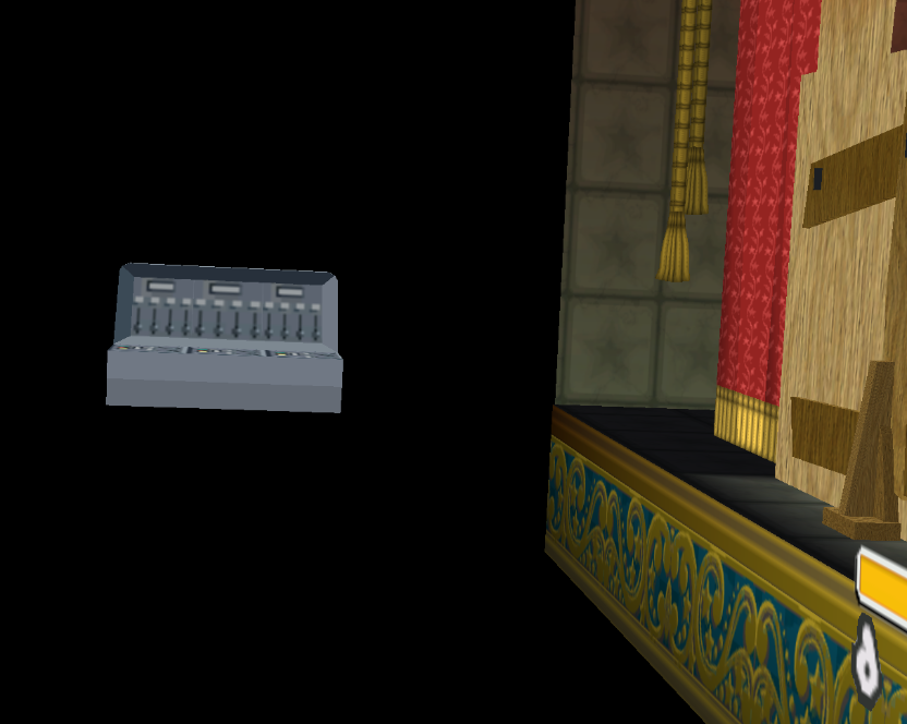 Behind the stage and slightly to the right is this control panel. It's completely behind the back wall, so there's no way to see it in-game normally. Its purpose is unknown.