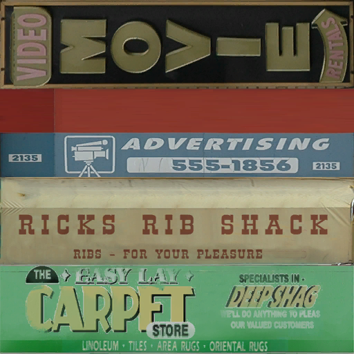 Unused "Ricks Rib Shack" and "Advertising" shop sign textures in Hove Beach.