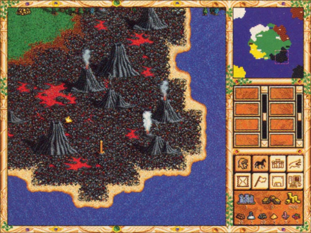 Early build showing new HoMM2 objects placed on HoMM1 "Town Haul" map. There are geysers and lava lakes from HoMM1, that were eventually cut from the final release. Resources don't have shadows and obelisk still has graphic from H1. Interestingly in the right upper corner there is a bunch of pine trees floating on the water - in the final release trees can't be put on a water directly, only by removing ground beneath it, so we can assume that early in a development objects could be placed anywhere.