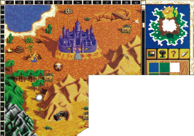 Again "Mountain King" map, completely different yellow player's starting position. Map Editor in progress. Different buttons, framing without vines.
