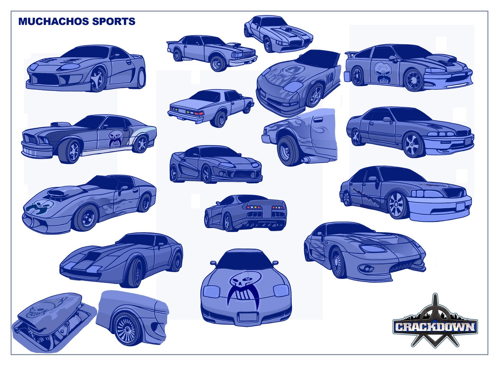 Concept art of various different Los Muertos vehicles.