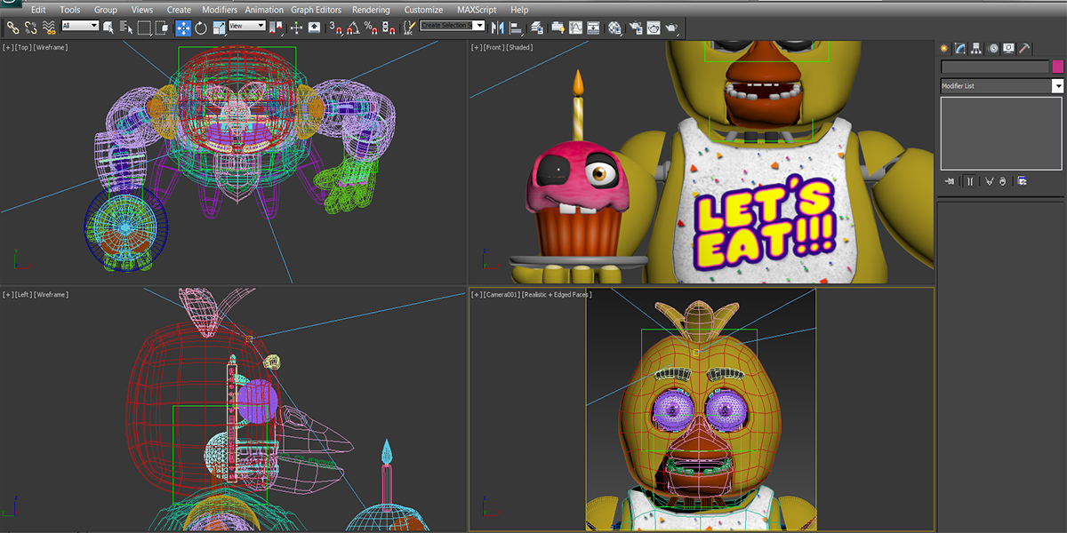 A behind-the-scenes image of Chica and Mr. Cupcake, with the latter being shown to have a full rig and skeleton. Mr. Cupcake never moves in the final game. A behind-the-scenes image of Chica and Mr. Cupcake, with the latter being shown to have a full rig and skeleton. Mr. Cupcake never moves in the final game.