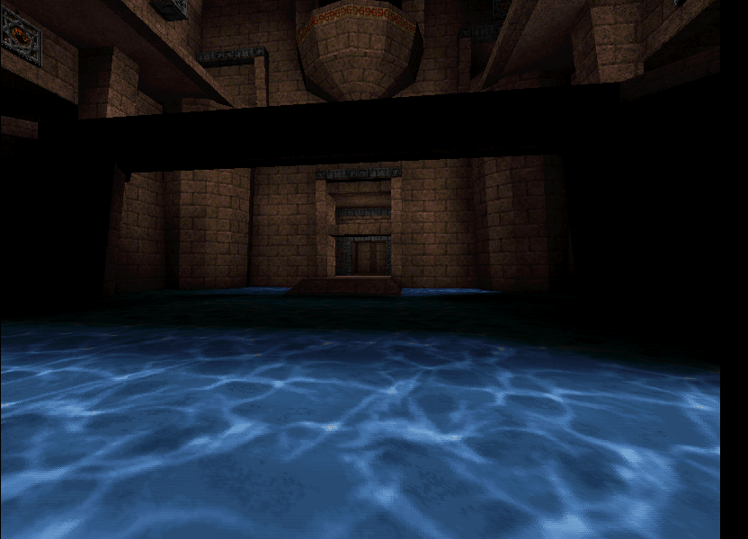 In the pool, looking at the path towards the elevator room. In the pool, looking at the path towards the elevator room.