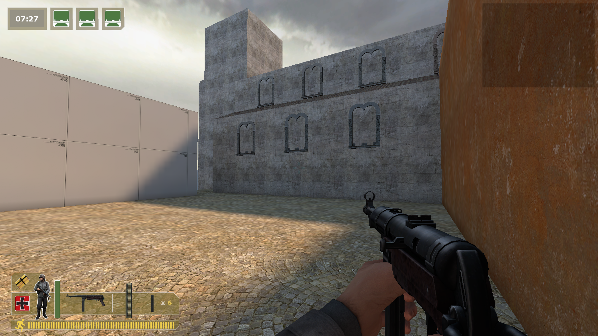 The Wehrmacht spawn of dod_bridges which displays an unfinished building resembling a church.
