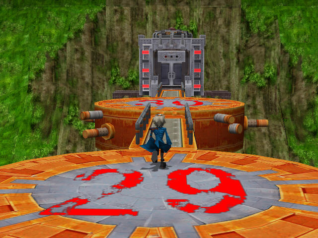Pre-release screenshot of MT.Battle Area 3 showing an orange colored floor with lush green cliffs overgrown with vines, ferns, and tropical foliage not present in the final release.