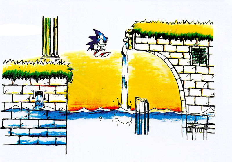 A piece for a stage that has a rustic feel, with a lot of water. This appears to be for Marble Garden Zone, as the Zone's early layout sketch depicts a waterfall leading to a small pond at the beginning. The concept art is modified from a piece of Sonic 2 concept art for "Emerald Isle". The lower half of the original depicted a second route underneath the water; this has been blanked out in the modified version, suggesting the stage this was for had no underwater routes planned, again consistent with Marble Garden's early layout sketch.
