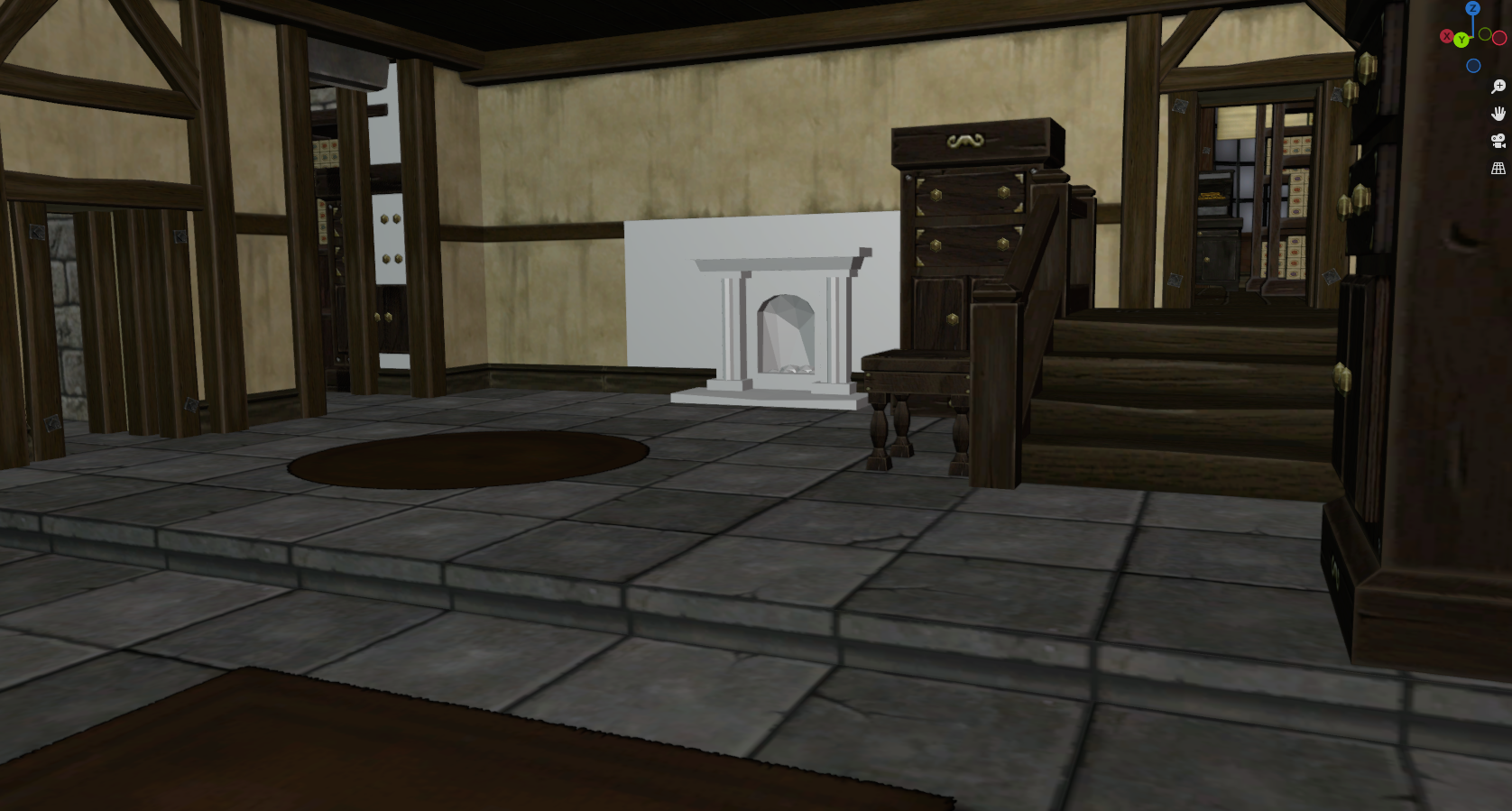 Hidden untextured fireplace behind shelves