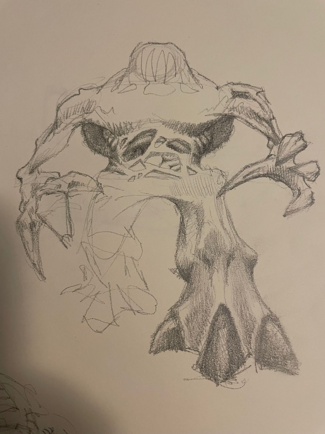 A later iteration which has a more lankier design with the arms and hands being a lot more bony and narrow. The torso is partially exposed, and the head is a lot more raised in height instead of being more central like the previous image. A later iteration which has a more lankier design with the arms and hands being a lot more bony and narrow. The torso is partially exposed, and the head is a lot more raised in height instead of being more central like the previous image.