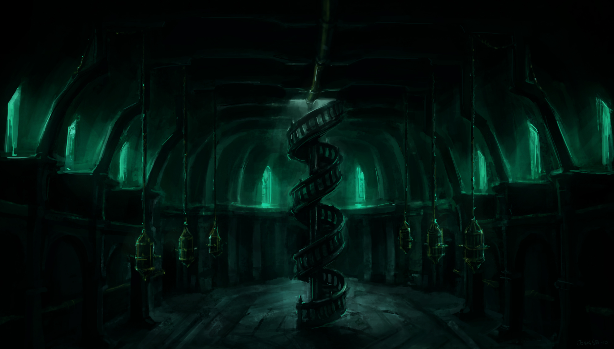 Artwork of a staircase in the Inner Sanctum.