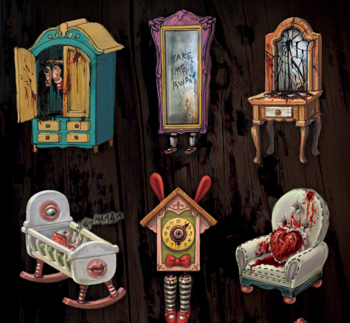 Various creepy furniture and decorations. Various creepy furniture and decorations.