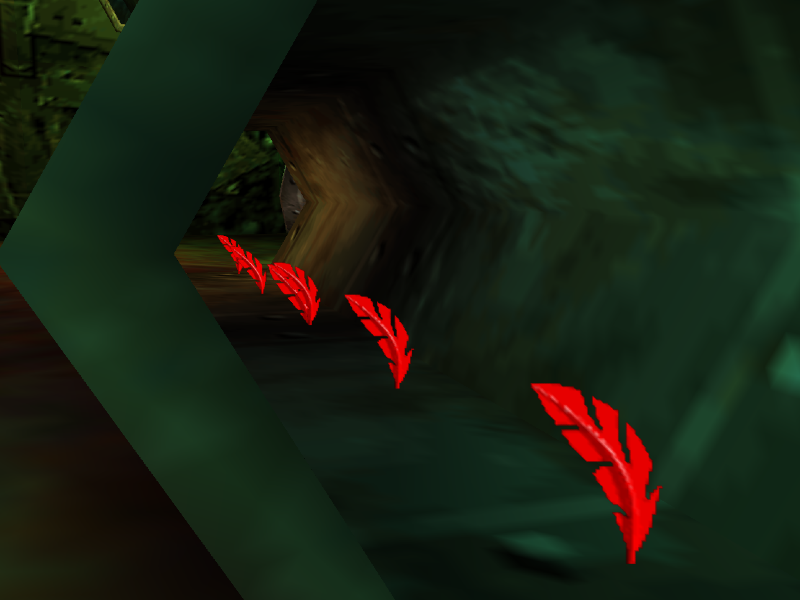 Two red feathers are exactly in the middle of the pipe instead of the intended one.