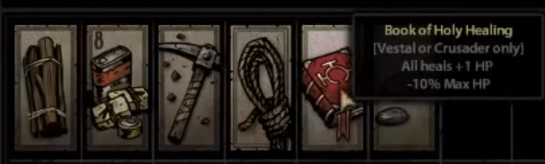 This screenshot features the old Book of Holy Healing, unique in its restrictions and effects, and the sprite for the Rope provision. Its localization is still present in the game today.