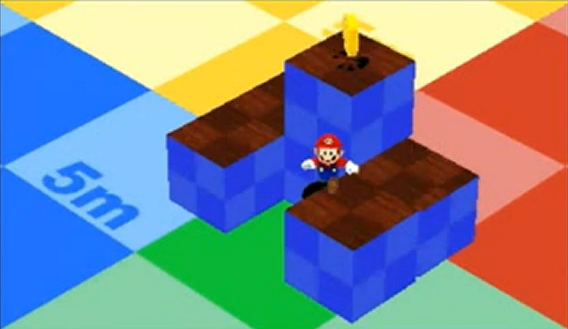 A later prototype with an animated Mario model shows a test level for optical illusions. A later prototype with an animated Mario model shows a test level for optical illusions.