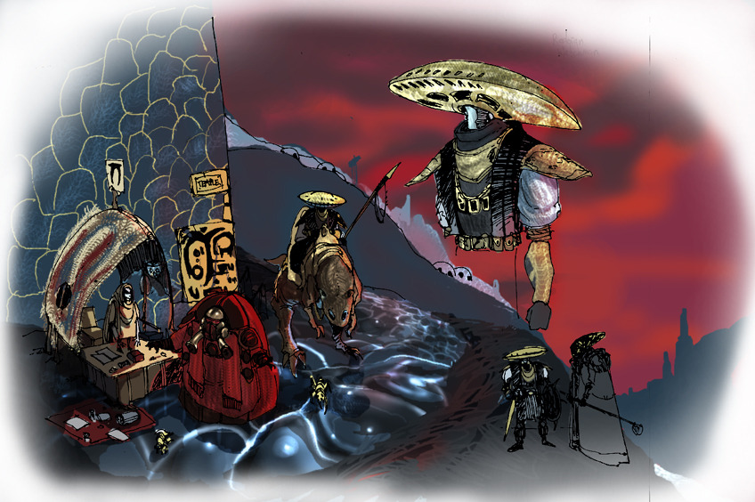 Gnisis Marketplace - Vibrant colors showcasing red blight-filled skies, the blue-gray ashes of the ground, and the lively Gnisis Market in-between the two of them.