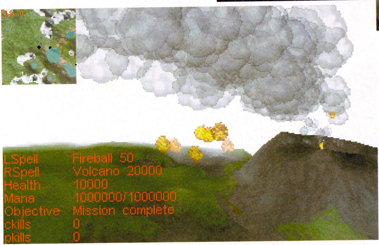 A WIP image of a volcano on the final game engine, along with debug text listing the player's weapons and current mana state. The radar is now finally visible at the top left of the screen as it is in the final A WIP image of a volcano on the final game engine, along with debug text listing the player's weapons and current mana state. The radar is now finally visible at the top left of the screen as it is in the final