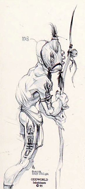 Early drawing of Big Face, wearing a Grebo-like mask.