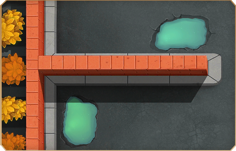 Another Brick. The brick wall isn't worn out, and the top doesn't even align with the bricks on the side. The path is more of a curb than an actual pathway, and there are trees rather than large piles of bricks behind the wall. No pigeons are present.