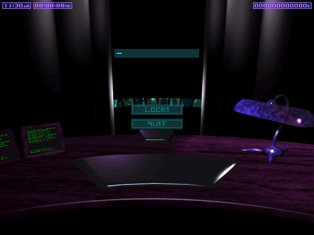 An early version of the initial menu "login" screen. In this version there is no option to choose between Eurocorp or the Church of the New Epoch An early version of the initial menu "login" screen. In this version there is no option to choose between Eurocorp or the Church of the New Epoch