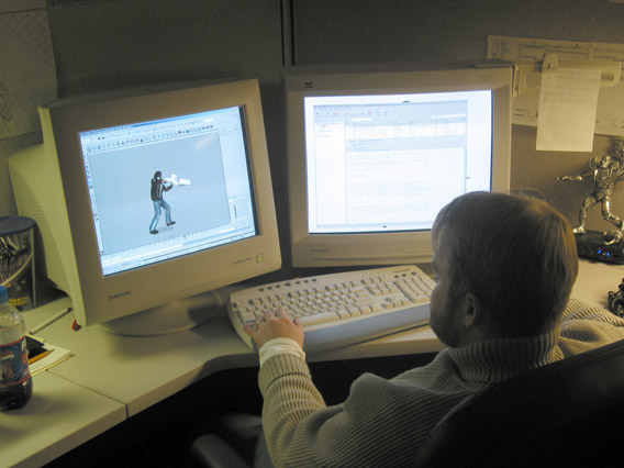 Nick Taylor, one of the animators on Prey, works on Tommy's pose while holding the Hunter Rifle.