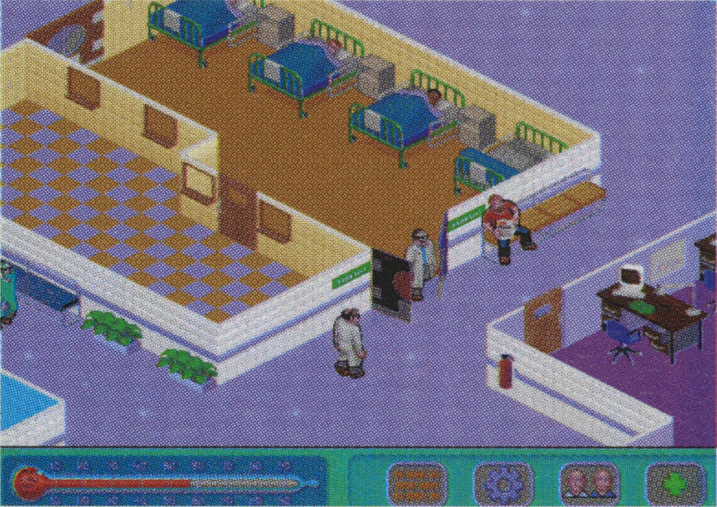 A yellow ward with bedside cabinets, a room within a room, brown/orange chairs, another interface, and a patient definitely not seen in the final game.