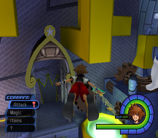 There's a star at the top of the entrance of the Gummi Hangar that the camera never lets the player see under normal circumstances. There's a star at the top of the entrance of the Gummi Hangar that the camera never lets the player see under normal circumstances.