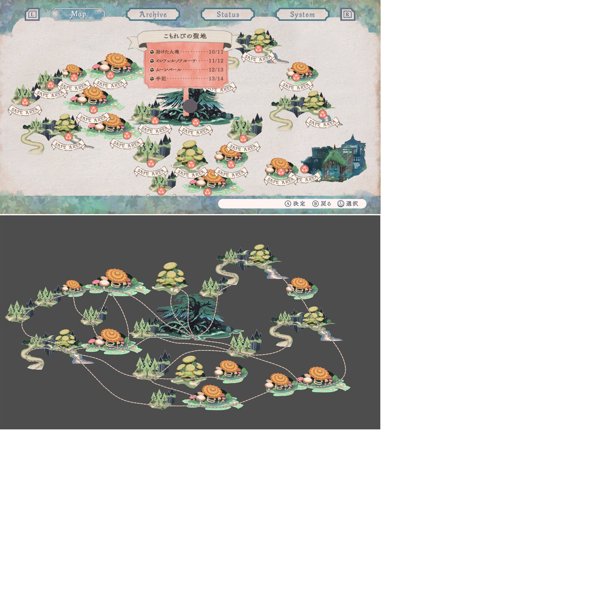 Early map graphics. Save points are labeled "Safe Area".