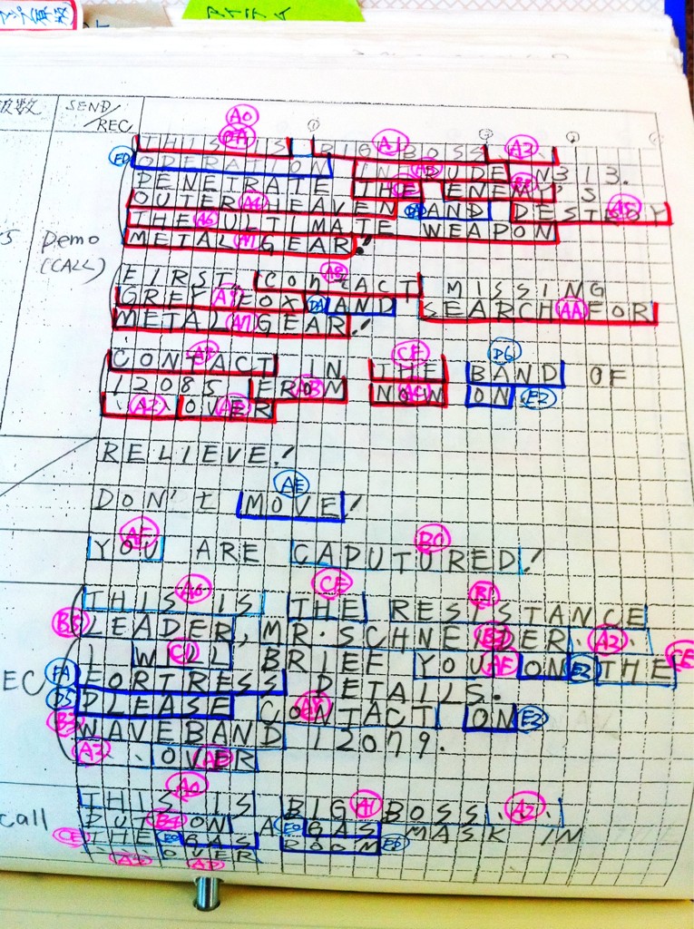 A handwritten script for the English version. Note the hex variables assigned to certain words.