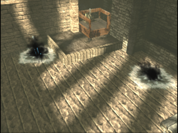 Shadow creatures emerge from two portals in a pit just below the arcade in Waterfall. Shadow creatures emerge from two portals in a pit just below the arcade in Waterfall.