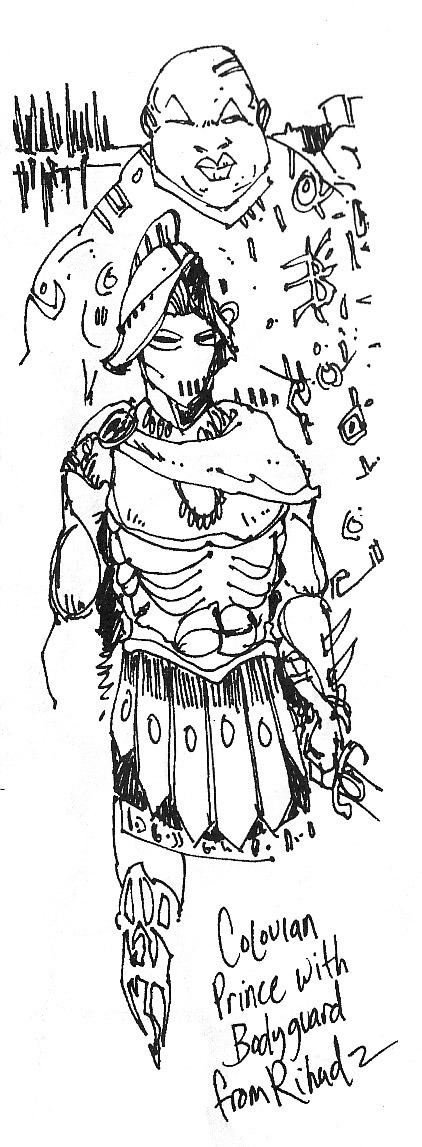 A Colovian prince of Cyrodiil, with a bodyguard from the Hammerfell city of Rihad.