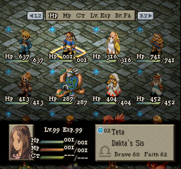 Notable characters, from left to right: Ramza, Teta, Simon, Olan, Balmafula, Elidibs