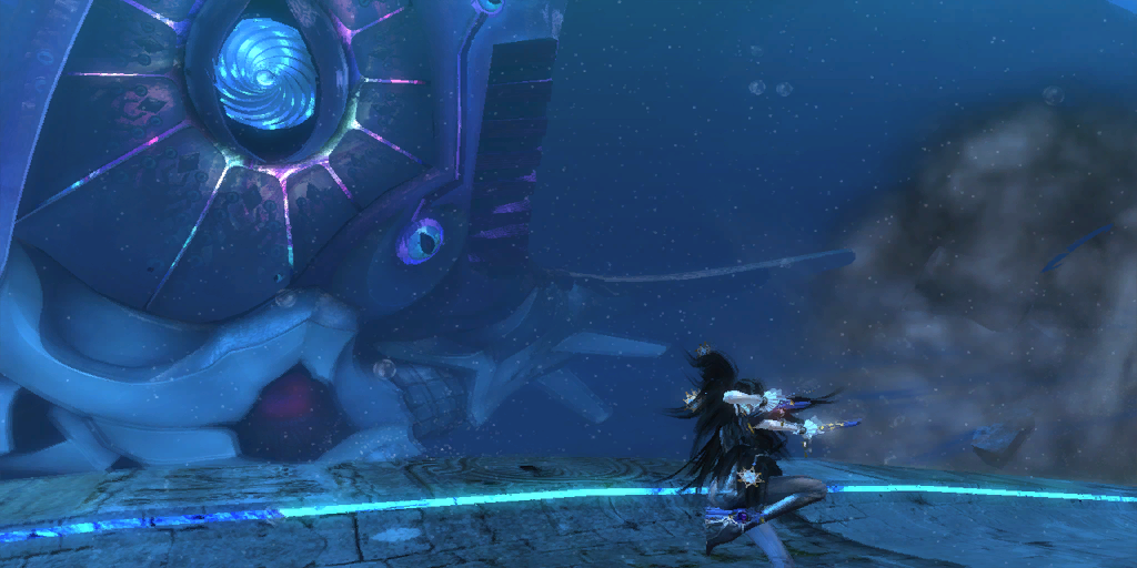 The top portion of Insidious's fin has a different design. There are green and pink lines radiating outward from the eye, which is wrapped in cyan tentacles. Smaller eyes are also visible behind its translucent skin.
