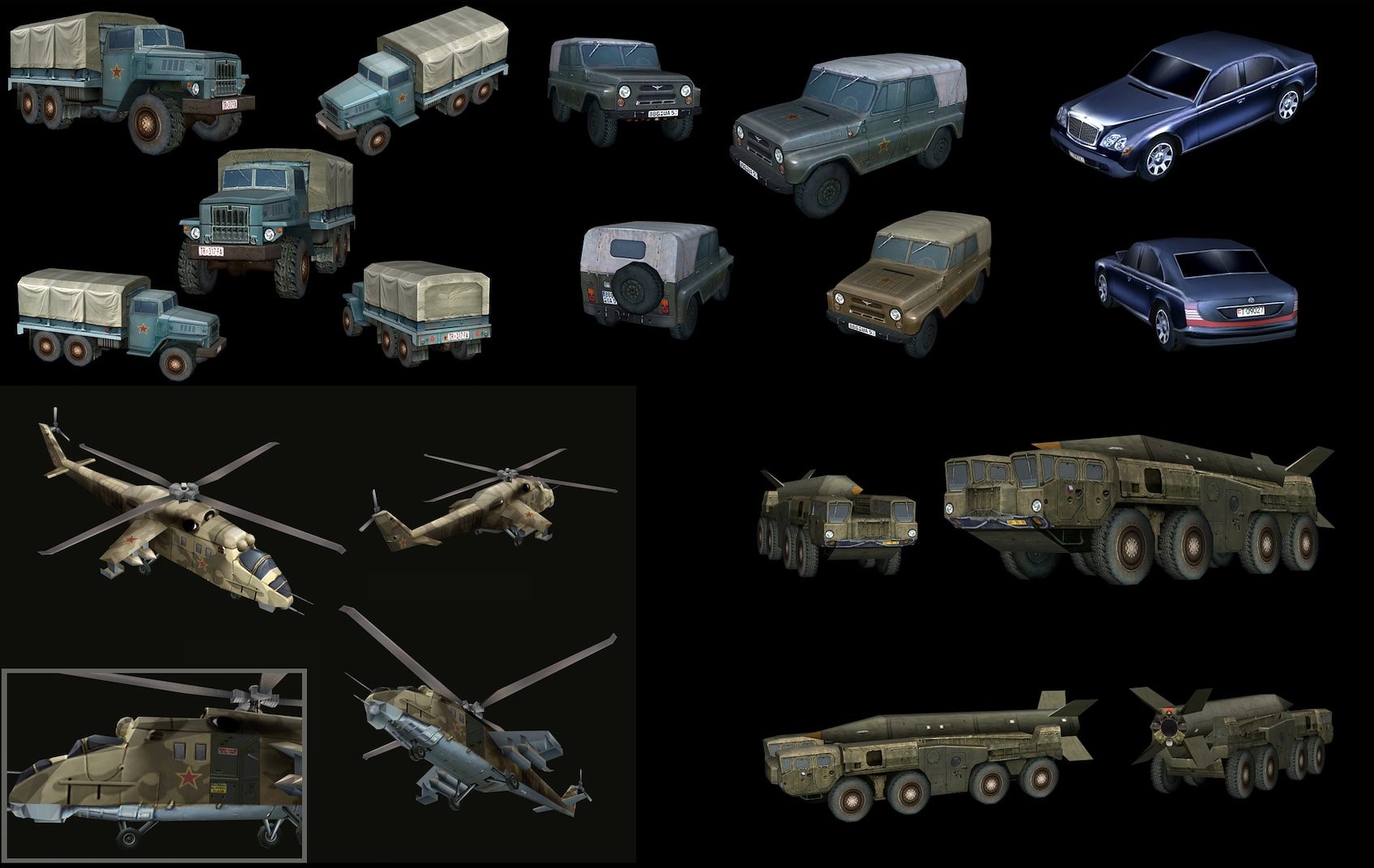 Renders of the truck, UAZ, Mercedes-Benz, Hind, and SCUD launcher.