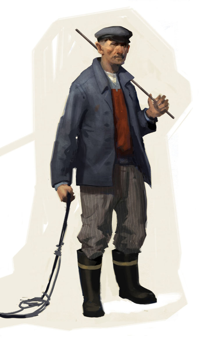 Concept art for the Fisherman, drawn by Moby Francke.