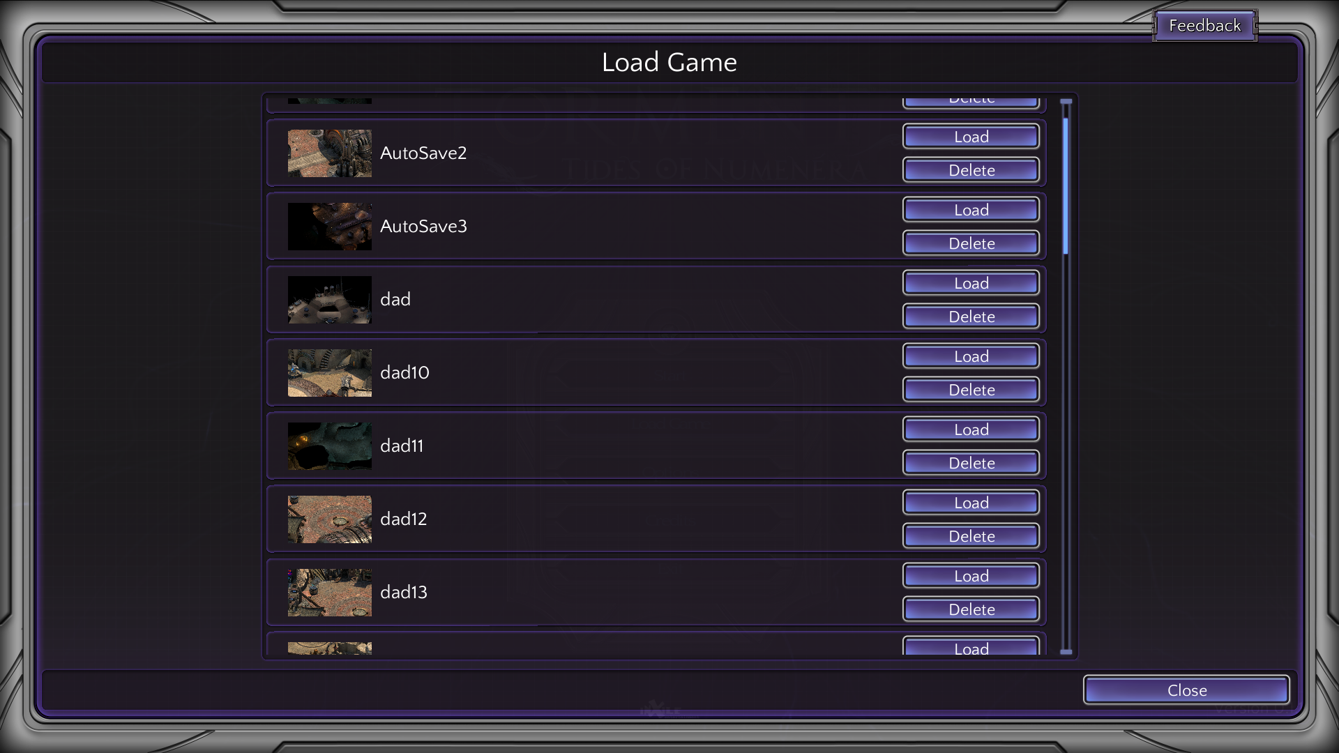 Load Game Screen - note that beta saves are not compatible with newer releases