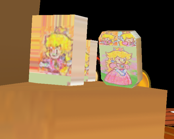 The backs of the pictures of Princess Peach have stretched lines and more pictures of Peach on them.