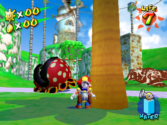 The Petey Piranha heads are slightly darker with black being used instead of green. More early windmills, square platforms, and bridge.