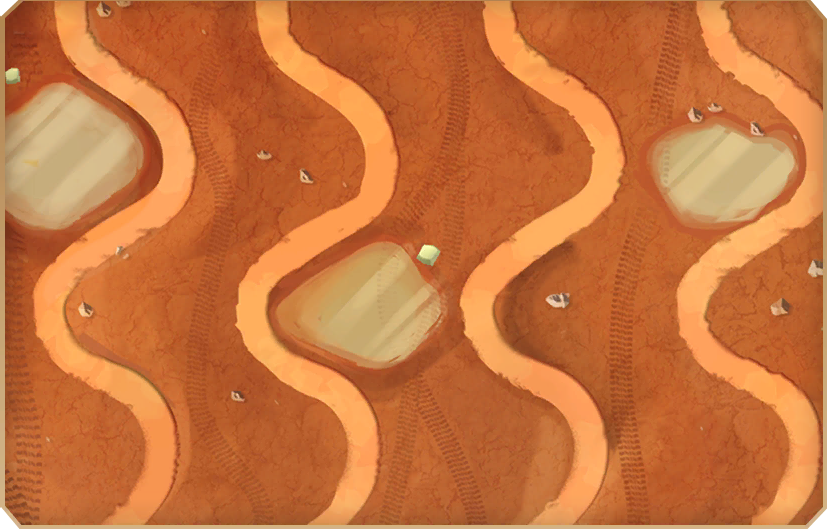 Muddy Puddles. Brighter, with even brighter paths. The paths look more like paths than the tire tracks used in the final version, and the water is a murky gray instead of green and brown. There are no overhanging leaves.